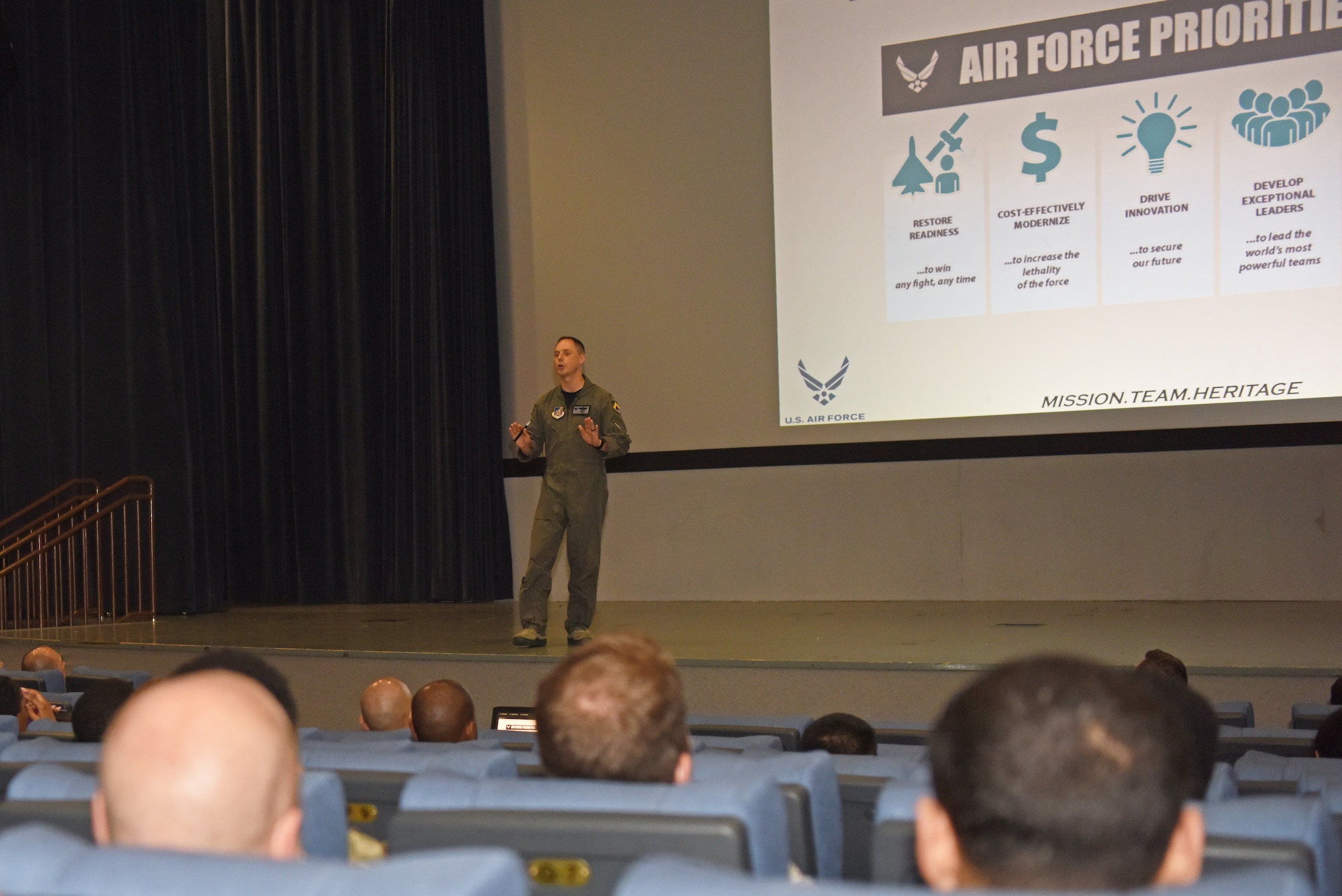 U.S. Air Force Col. Tad Clark, 8th Fighter Wing commander, speaks during a commander’s call at Kunsan Air Base, Republic of Korea, July 26, 2019. During his commander’s call, Clark talked about his expectations for the 8th Fighter Wing. (U.S. Air Force photo by Staff Sgt. Joshua Edwards)
