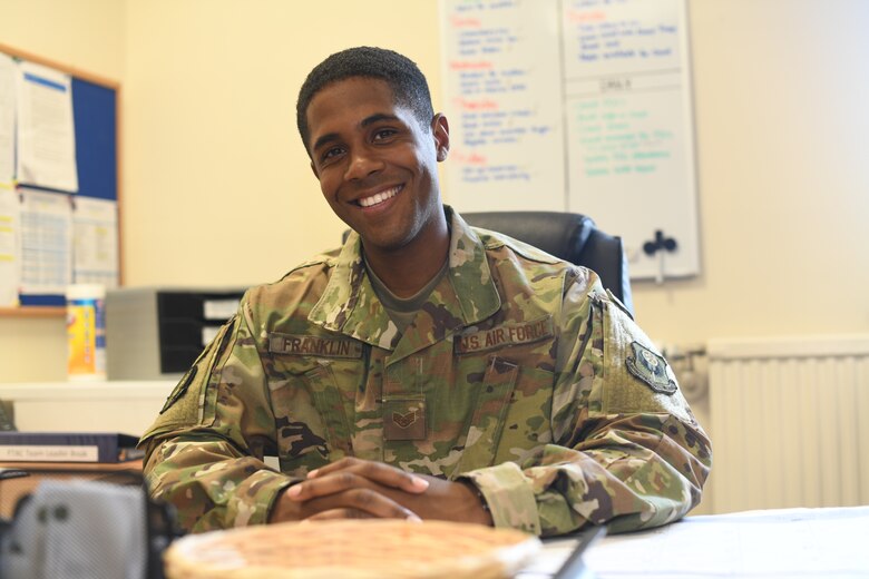 U.S. Air Force Staff Sgt. Kyle Franklin, Team Mildenhall First-Term Airman Center NCO-in-charge, poses for a photo at RAF Mildenhall, England, July 11, 2019. Resiliency training is the biggest block during FTAC and covers eight skill sets that prepare Airmen for any life stressors such as deployments, family separations and working late hours. (U.S. Air Force photo by Senior Airman Alexandria Lee)