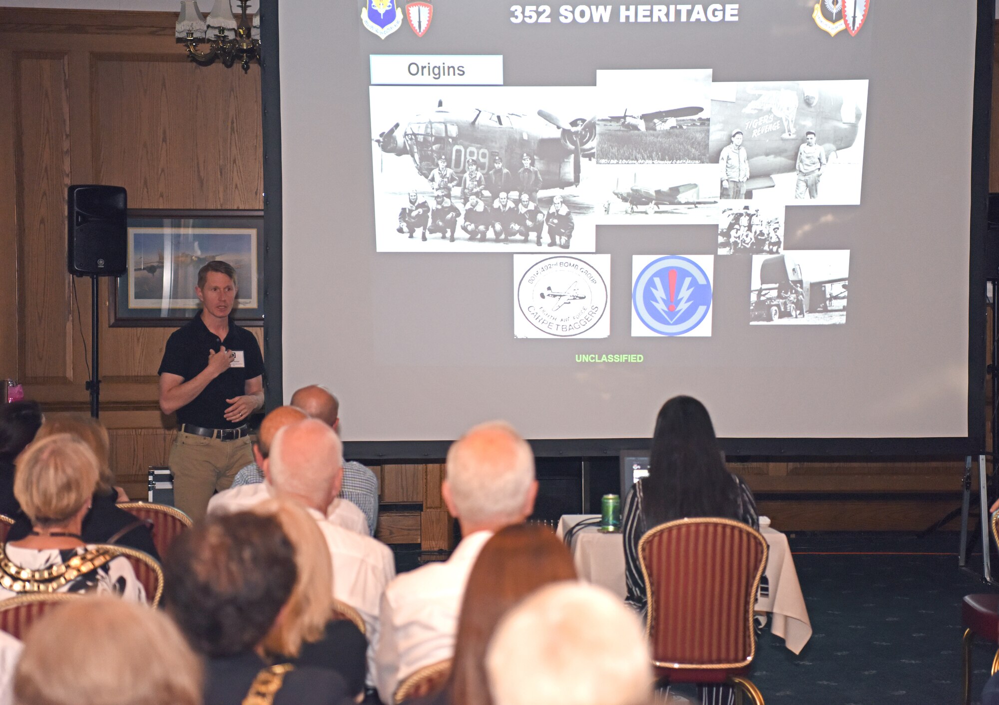 Colonel Robert Horton, 352d Special Operations Wing vice commander, provides a briefing on the wing’s history during the New Mayors’ Barbecue at RAF Mildenhall, England, July 27, 2019. The event informed local community leaders about the base and gave them a chance to get to know the base leadership on a personal level and strengthen partnership. (U.S. Air Force photo by Airman 1st Class Brandon Esau)