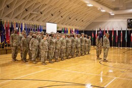 Soldiers from the 14th Human Resources Sustainment Center (HRSC) stand in formation during a deployment ceremony at the Sadowski Center at Fort Knox, Ky. July 26, 2019. The 14th HRSC will deploy to the U.S. Central Command Area of Responsibility where it will replace the 3rd HRSC.