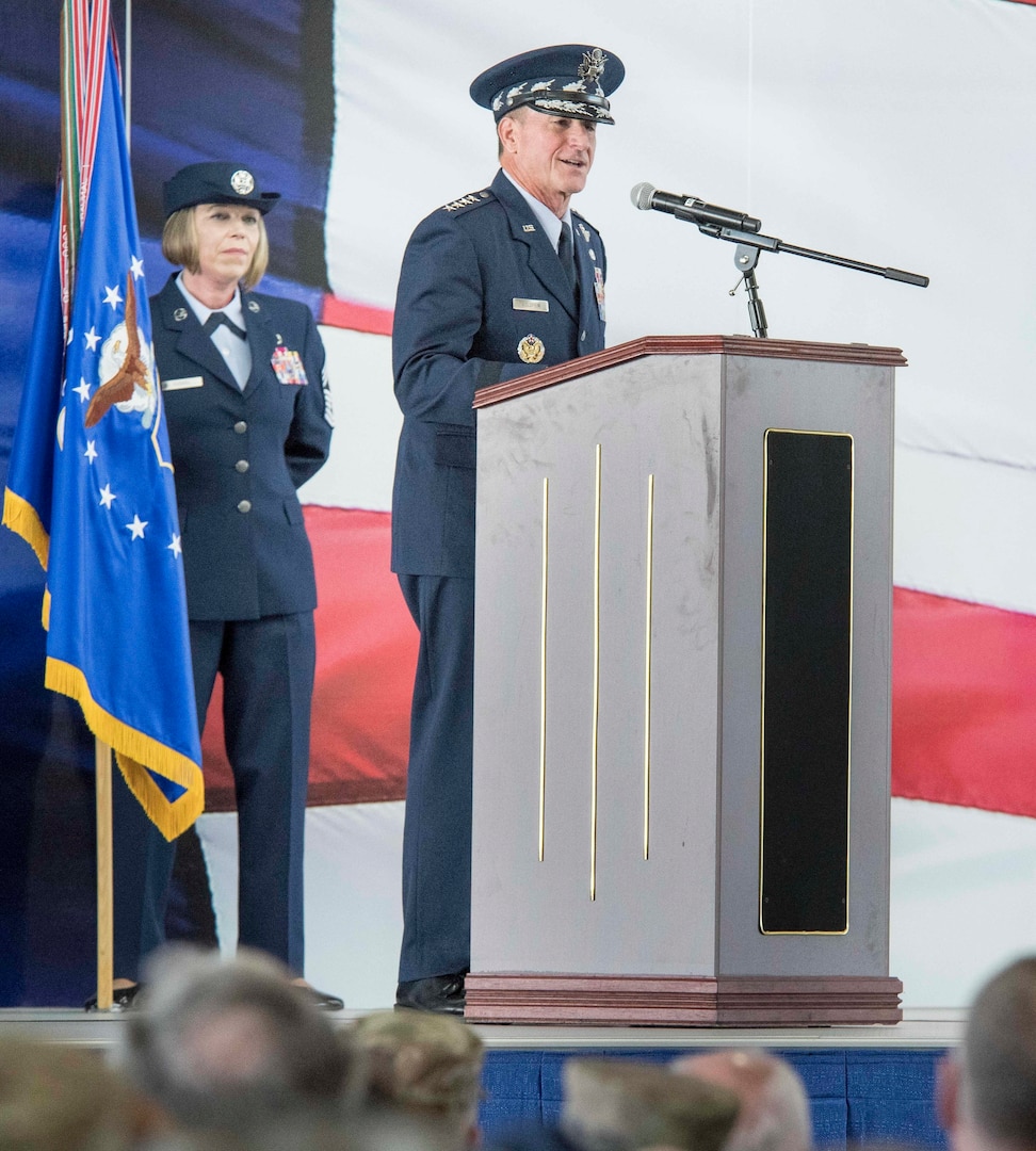 U.S. Air Force Chief of Staff Gen. David L. Goldfein speaks during Air Education and Training Command’s change of command ceremony at Joint Base San Antonio-Randolph July 26. Goldfein presided over the ceremony, at which time U.S. Air Force Lt. Gen. Steve Kwast relinquished command to U.S. Air Force Lt. Gen. Brad Webb.