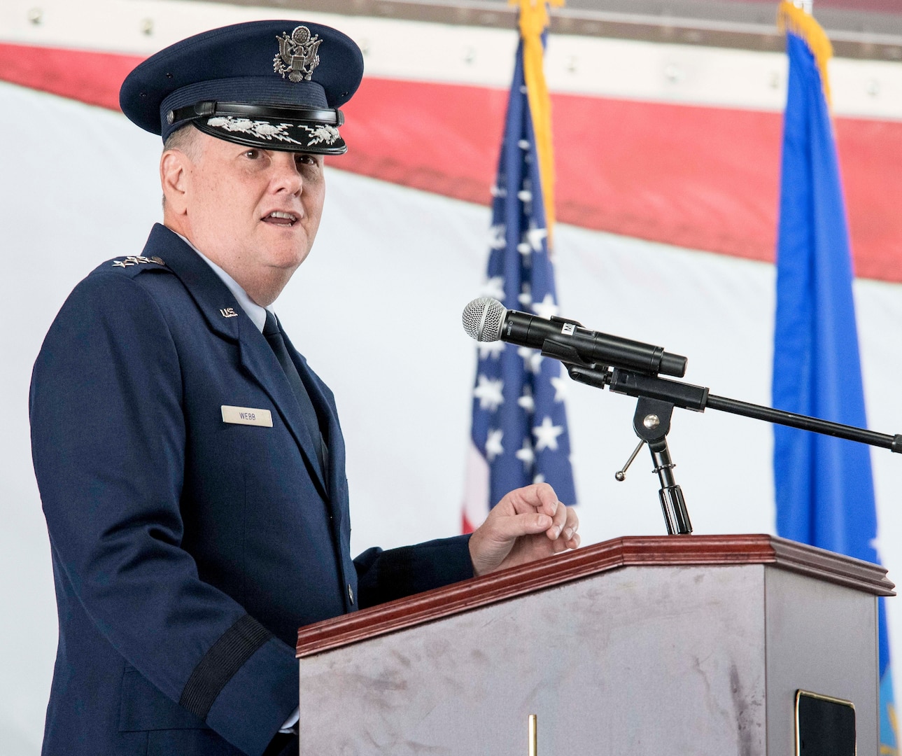 U.S. Air Force Lt. Gen. Brad Webb, commander of Air Education and Training Command, speaks after taking command of AETC during a change of command ceremony at Joint Base San Antonio-Randolph July 26. Webb is the 34th commander of AETC, which includes Air Force Recruiting Service, two numbered air forces and Air University. More than 293,000 students are trained annually and AETC’s members are about 60,000 strong and include active duty, Reserve, Guard, civilian and contractor personnel.