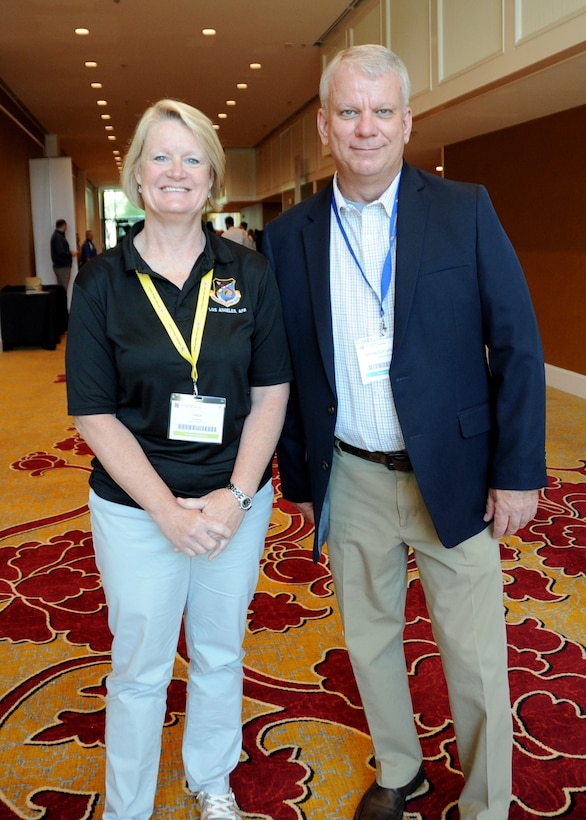 Chief Master Sgt. Linda Sparks, a Reservist from Scott Air Force Base Illinois, and Col. Don Wren, 910th Mission Support Group commander, from Youngstown Air Reserve Base, Ohio, reunited during the Yellow Ribbon Reintegration Program event in St. Louis, Missouri, July 19-21, 2019. Sparks and Wren are former co-workers, and at the Yellow Ribbon event, Sparks took Wren's class on how to write an effective resume for a federal job. (U.S. Air Force photo by Tech. Sgt. Lauren Gleason)