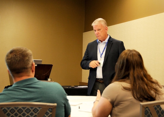 Chief Master Sgt. Linda Sparks, a Reservist from Scott Air Force Base Illinois, and Col. Don Wren, 910th Mission Support Group commander, from Youngstown Air Reserve Base, Ohio, reunited during the Yellow Ribbon Reintegration Program event in St. Louis, Missouri, July 19-21, 2019. Sparks and Wren are former co-workers, and at the Yellow Ribbon event, Sparks took Wren's class on how to write an effective resume for a federal job. (U.S. Air Force photo by Tech. Sgt. Lauren Gleason)