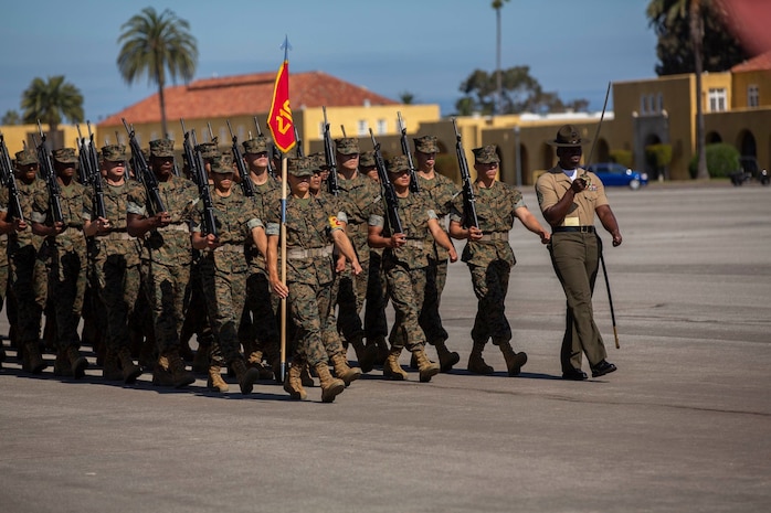 Recruits with Hotel Company, 2nd Recruit Training Battalion, march during a final drill evaluation at Marine Corps Recruit Depot San Diego, July 20.