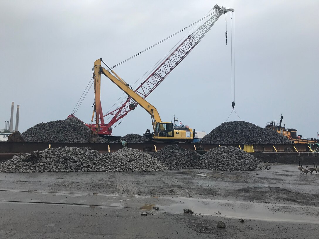 The U.S. Army Corps of Engineers, Buffalo District began construction of a maintenance repair on Thursday, July 18th, 2019 in Lake Ontario at the west arrowhead breakwater in Oswego Harbor, located in the City of Oswego, New York.