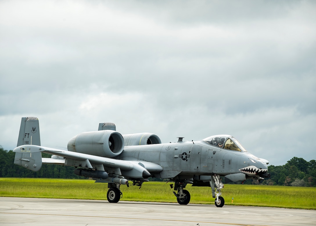 An A-10C Thunderbolt II taxis on the flightline during a sortie surge exercise, July 24, 2019, at Moody Air Force Base, Ga. The exercise was conducted to determine Airmen's abilities to perform effectively while generating combat or training sorties at an accelerated rate. Throughout the four-day surge, pilots and maintainers completed 131 sorties spanning approximately 152 flying hours. (U.S. Air Force photo by Airman 1st Class Eugene Oliver)