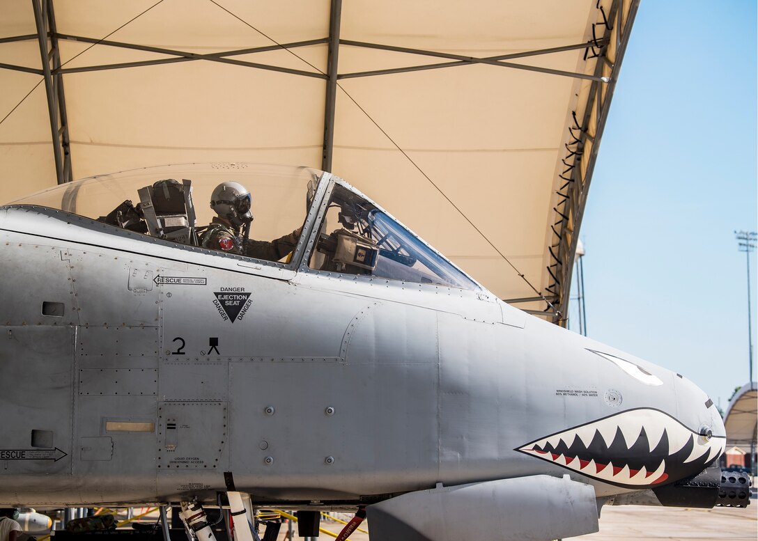 An A-10C Thunderbolt II pilot prepares to taxi during a sortie surge exercise, July 24, 2019, at Moody Air Force Base, Ga. The exercise was conducted to determine Airmen's abilities to perform effectively while generating combat or training sorties at an accelerated rate. Throughout the four-day surge, pilots and maintainers completed 131 sorties spanning approximately 152 flying hours. (U.S. Air Force photo by Airman 1st Class Eugene Oliver)