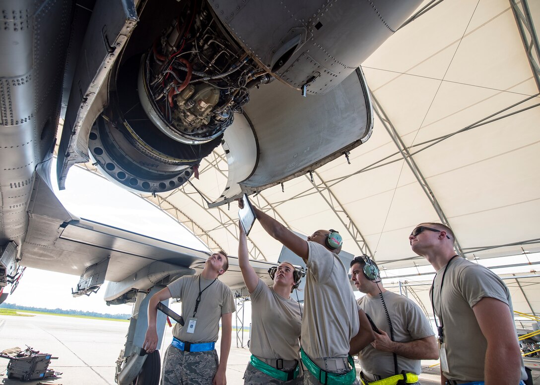 Staff Sgt. Aaron Edmonds, 75th Aircraft Maintenance Unit crew chief, inspects the components of an A-10C Thunderbolt II during a sortie surge exercise, July 24, 2019, at Moody Air Force Base, Ga. The exercise was conducted to determine Airmen's abilities to perform effectively while generating combat or training sorties at an accelerated rate. Throughout the four-day surge, pilots and maintainers completed 131 sorties spanning approximately 152 flying hours. (U.S. Air Force photo by Airman 1st Class Eugene Oliver)