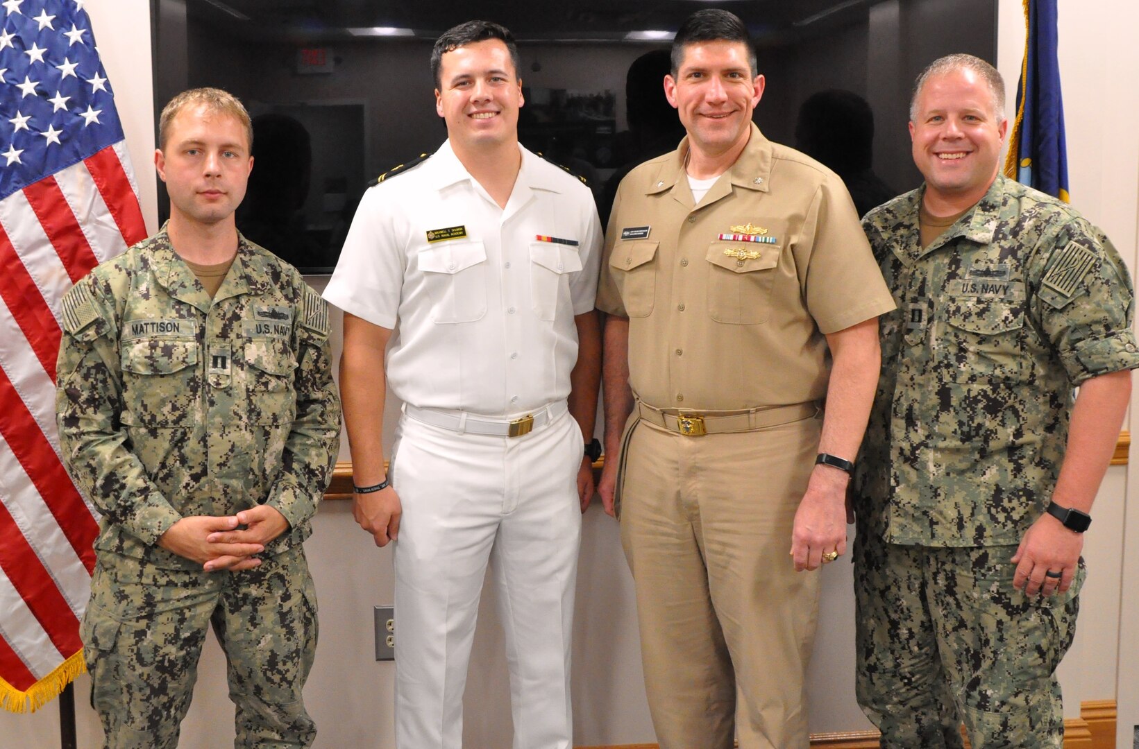 IMAGE: DAHLGREN, Va. (July 17, 2019) – U.S. Naval Academy Midshipman Max Shuman is pictured with the officers he briefed on his Naval Surface Warfare Center Dahlgren Division internship at the command’s Laser Lethality and Development Facility which features an above-ground tunnel used for evaluating high energy laser weapon systems. Pictured left to right: Lt. Adam Mattison, Shuman, Cmdr. Steven Perchalski, and Lt. Paul Cross.