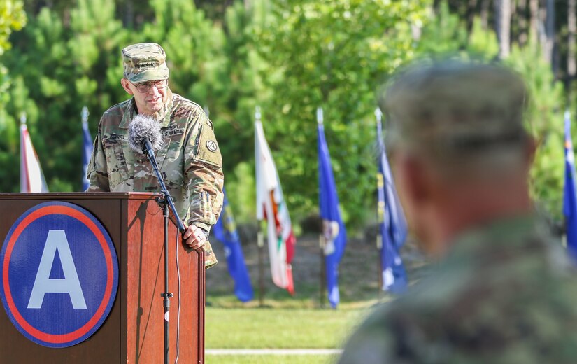 Lt. Gen. Terry Ferrell, commanding general of U.S. Army Central, speaks during Sgt. Maj. Curt Cornelison’s relinquishment of responsibility ceremony at at USARCENT’s headquarters, Shaw Air Force Base, S.C., Jul. 29, 2019. Cornelison was recently selected to serve as the U.S. Army Forces Command senior enlisted advisor, a 4-star command located at Fort Bragg, N.C., and largest U.S. Army command with more than 750,000 Active Army, U.S. Army Reserve and U.S. Army National Guard Soldiers.