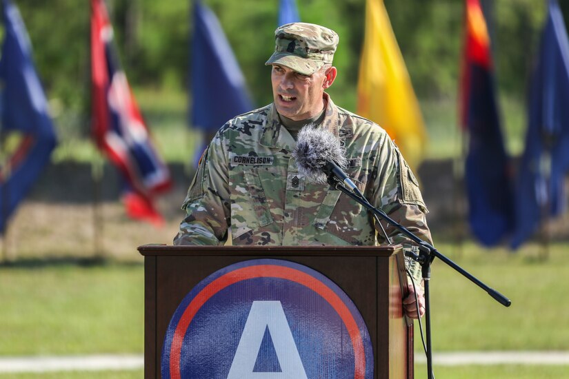 Sgt. Maj. Curt Cornelison, former senior enlisted advisor for U.S. Army Central, speaks during his relinquishment of responsibility ceremony at USARCENT’s headquarters, Shaw Air Force Base, S.C., Jul. 29, 2019. Cornelison was recently selected to serve as the U.S. Army Forces Command senior enlisted advisor, a 4-star command located at Fort Bragg, N.C., and largest U.S. Army command with more than 750,000 Active Army, U.S. Army Reserve and U.S. Army National Guard Soldiers.