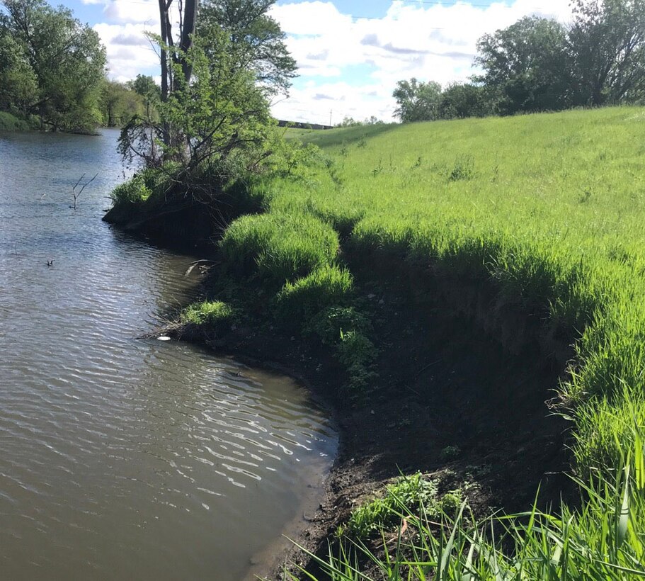 Channel erosion and sloughing along the Minne-Lusa channel and levee tie-back section May 22, 2019.