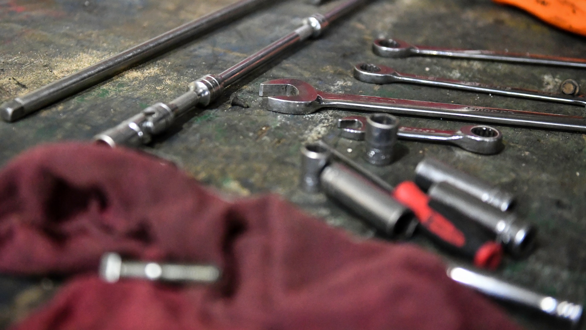 Tools are lined up before a driveshaft installation at the vehicle maintenance shop on Ali Al Salem Air Base, Kuwait, July 29, 2019. The 386th Expeditionary Logistics Readiness Squadron vehicle maintenance shop is home to over 41 Airmen designated to maintain vehicles and equipment crucial to provide deterrence and stability to the U.S. Central Command area of responsibility. (U.S. Air Force photo by Staff Sgt. Mozer O. Da Cunha)