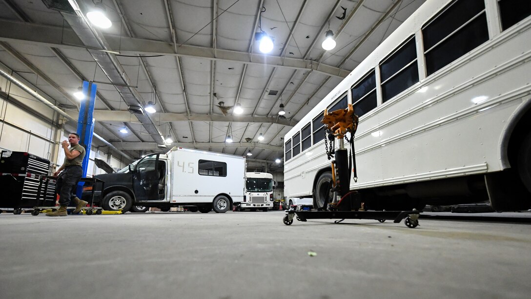 Vehicles wait for repairs at the vehicle and equipment maintenance shop on Ali Al Salem Air Base, Kuwait, July 29, 2019. Airmen assigned to the vehicle and equipment maintenance shop work on an average of 10 different automobiles a week. (U.S. Air Force photo by Staff Sgt. Mozer O. Da Cunha)