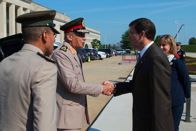 U.S. Secretary of Defense Mark T. Esper meets with Egyptian Minister of Defense, Colonel Gen. Mohamed Ahmed Zaki Mohamed at the Pentagon, Washington, D.C., July 29, 2019. (DoD photo by U.S. Army Sgt. Amber I. Smith)