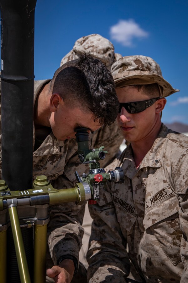 U.S. Marine Corps Pfc. Michael R. Pitruzzello, left, and Lance Cpl. Patrick E. Thornberg, right, both mortarmen with 1st Battalion, 25th Marine Regiment, 4th Marine Division, adjust an 81mm mortar system during Integrated Training Exercise 5-19 at Marine Corps Air Ground Combat Center Twentynine Palms, Calif., July 26, 2019. ITX 5-19 is an essential component of the Marine Forces Reserve training and readiness cycle. It serves as the principal exercise for assessing a unit’s capabilities. (U.S. Marine Corps photo by Lance Cpl. Jose Gonzalez)