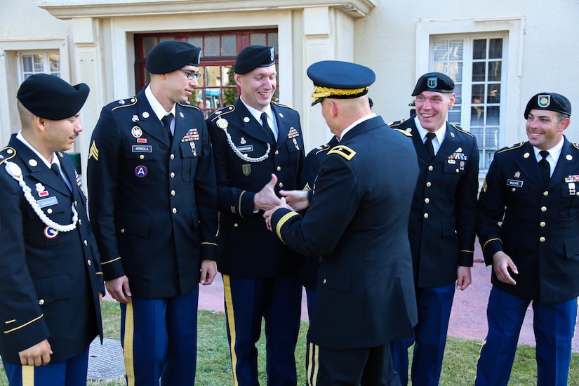 Brig. Gen. Michael T. Harvey, commanding general of the 7th Mission Support Command, recognizes the hard work and participation of the 7th MSC Soldiers who conducted the color guard ceremony for the 75th Anniversary of the liberation of the of the town of Periers, France on July 27, 2019. The 90th Infantry Division, now the 90th Sustainment Brigade, liberated the town during World War II seven weeks after landing on Utah beach just 35 kilometers away. (U.S. Army Reserve Photo by Capt. Joe Bush)