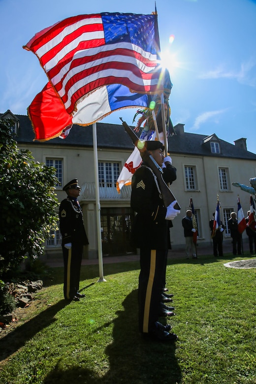 Color Guard Soldiers assigned to the 7th Mission Support Command participated in the 75th Anniversary of the liberation of the town of Periers, France on July 27, 2019. The 90th Infantry Division, now the 90th Sustainment Brigade, liberated the town during World War II seven weeks after landing on Utah beach just 35 kilometers away. (U.S. Army Reserve Photo by Capt. Joe Bush)