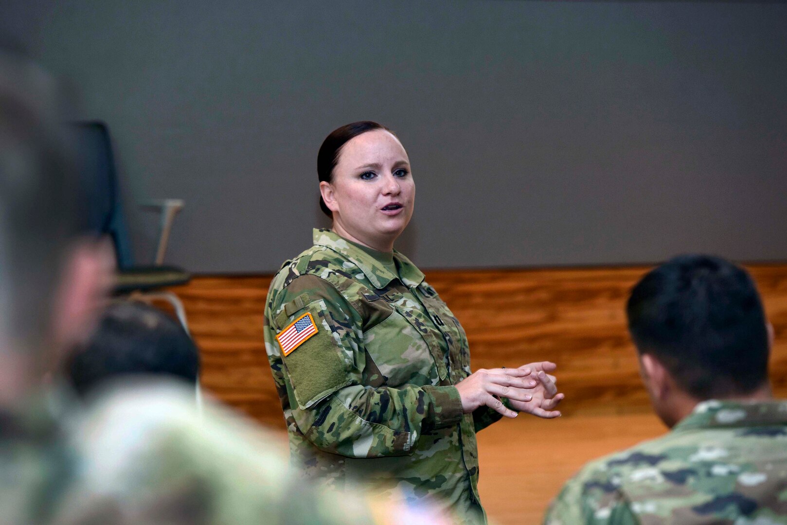 Army Capt. Melody Howell, a logistics integrator with the South Dakota Army National Guard’s 196th Maneuver Enhancement Brigade, speaks about her experience with the Army National Guard’s High Performing Leader Program while at the Herbert R. Temple Jr. Army National Guard Readiness Center, in Arlington, Virginia, July 10, 2019.  As part of the HPLP, Howell was assigned to Army Sustainment Command at Rock Island Arsenal, Illinois, where she gained experience in coordinating strategic-level logistics operations for the Army Guard.