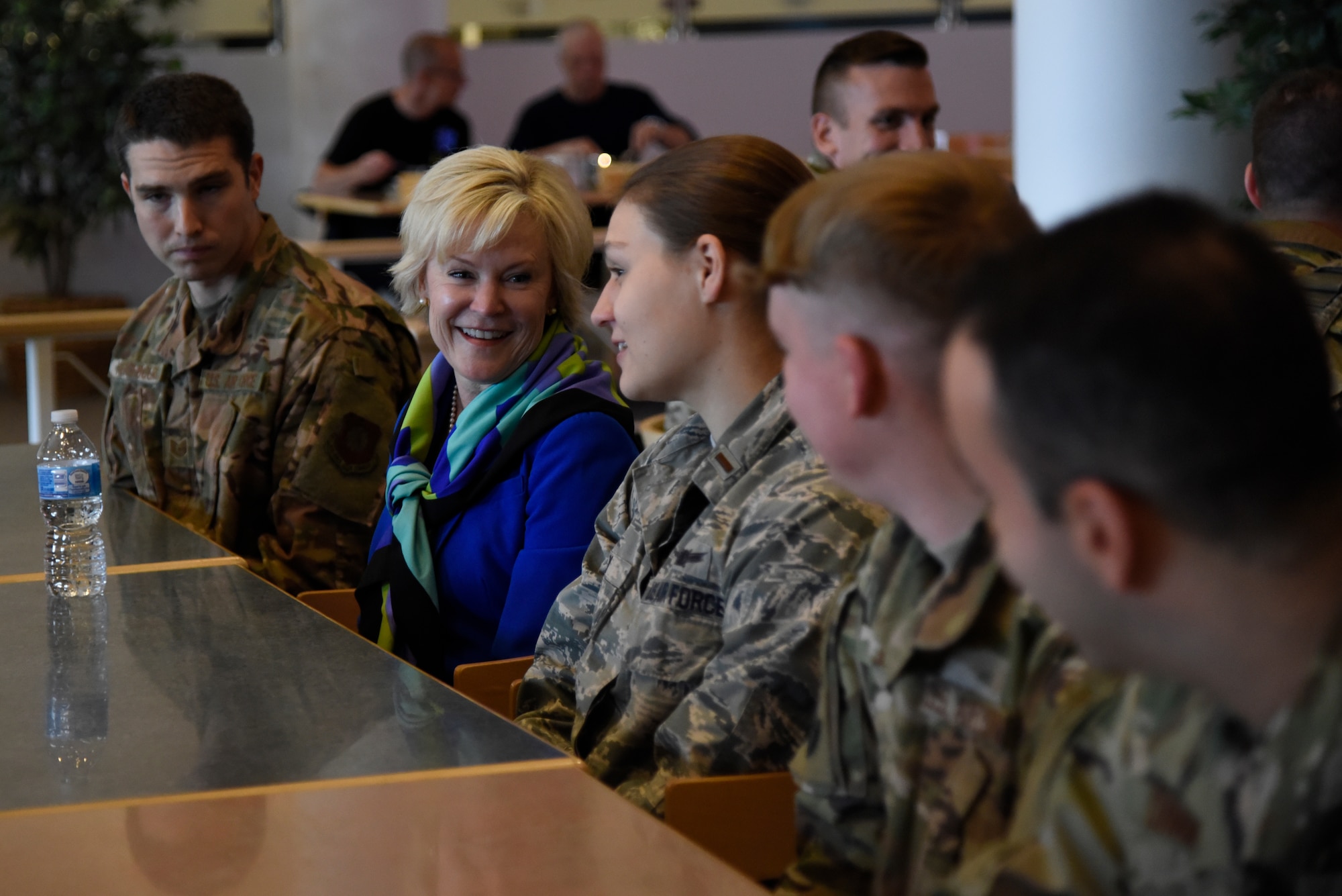 Dawn Goldfein, wife of Air Force Chief of Staff General David Goldfein, visits with 821st Air Base Group Airmen during a visit to Thule, Greenland, July 20, 2019. During their visit, the Goldfeins toured various work centers throughout the group and spoke to Airmen. (U.S. Air Force photo by Staff Sgt. Alexandra M. Longfellow)