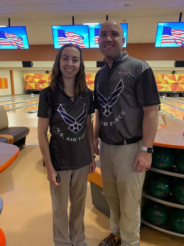 Veteran Air Force keglers, Maj. Danielle Crowder, formerly of the Air Force Office of Special Investigations Judge Advocate General's office, now Maxwell Air Force Base, Ala., and Staff Sgt. James McTaggart from Creech AFB, Nev., captured the Mixed Doubles title at the Armed Forces Bowling Championships at Naval Station Great Lakes, Ill., July 23, 2019. (Photo by NPASE MW)