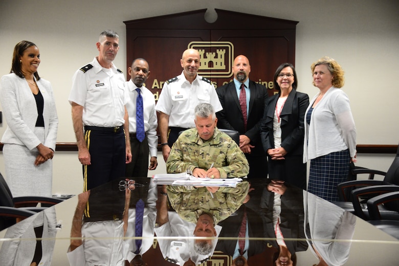 Lt. Gen. Todd T. Semonite, U.S. Army Corps of Engineers Commanding General and 54th U.S. Army Chief of Engineers,  signs the recommended plan to implement flood risk management solutions along Weir Gulch and Harvard Gulch in Adams and Denver County, Col., and restore aquatic, wetland, and riparian habitat along the South Platte River Monday July 29 at USACE headquarters in Washington, D.C.  The signing of the Adams and Denver County Chief's Report moves the project forward to Congress for authorization and appropriation.