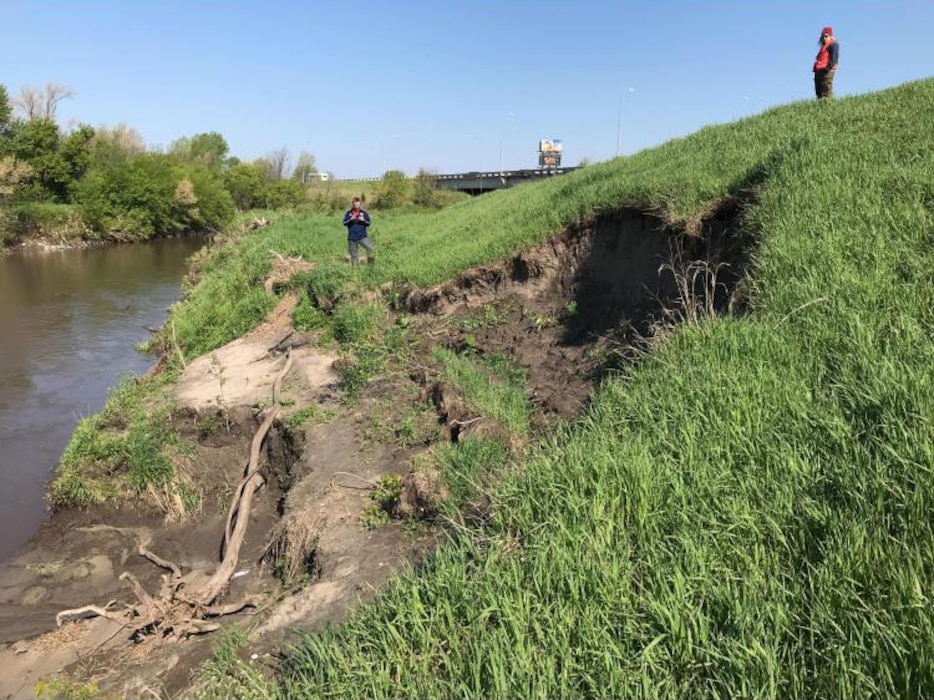 Salt Creek channel bank erosion into the levee embankment identified during an initial damage assessment May 17, 2019.