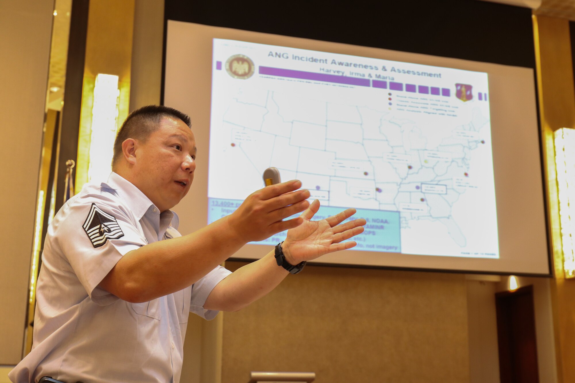 A Hawaii Air National Guard Intelligence Analyst from the 201st Intelligence Squadron, presents operational knowledge with their counterparts in the Armed Forces of the Philippines during an Incident Awareness and Assessment (IAA) Subject Matter Expert Exchange (SMEE) conference in Makati on July 16, 2019