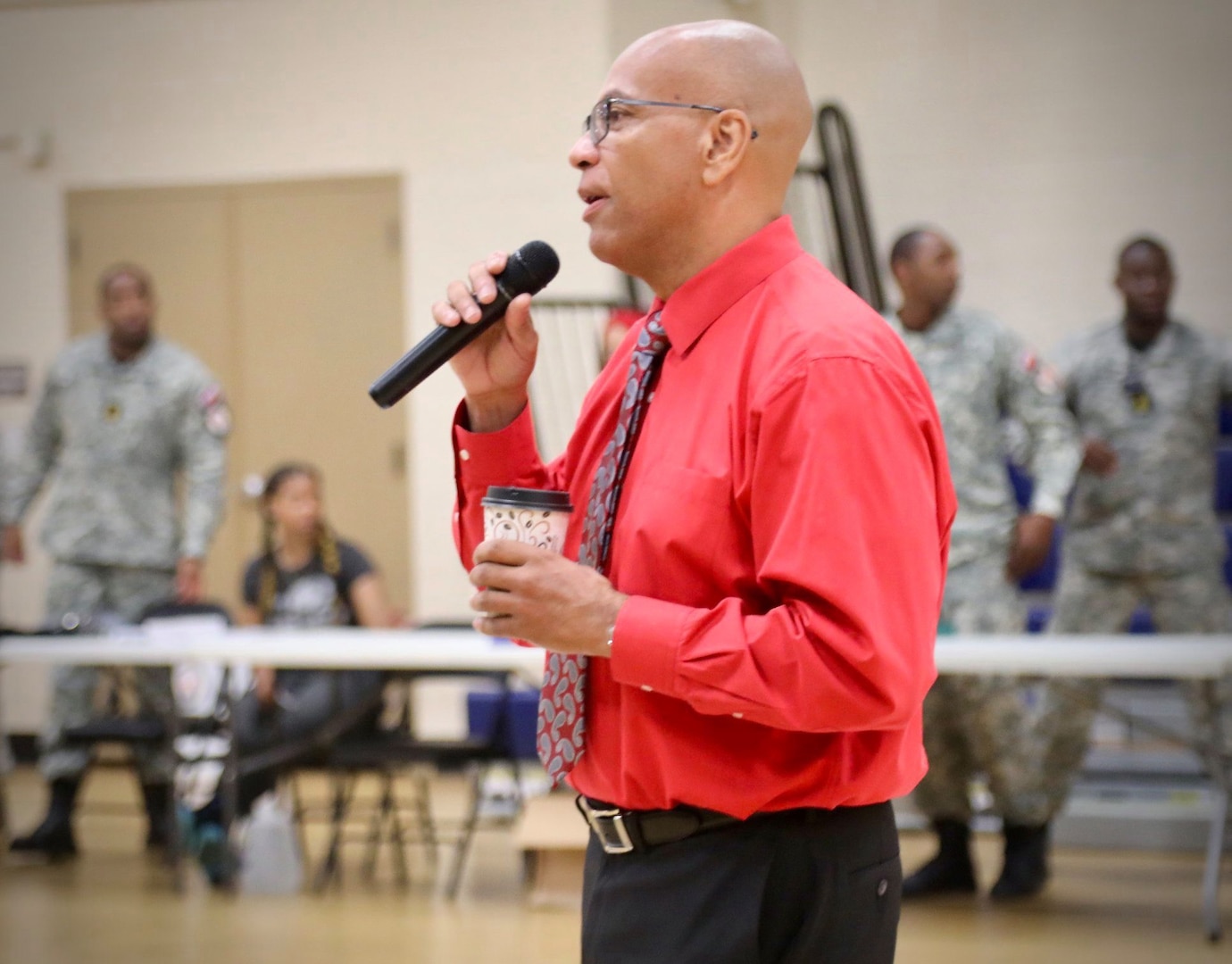 Raynald Blackwell, Capital Guardian Youth ChalleNGe Academy program director, welcomes participants of the newest participants of the CGYCA program July 13. During his briefing, he outlines the military-style program agenda. (U.S. Army National Guard photo by Sgt. 1st Class Ron Lee)