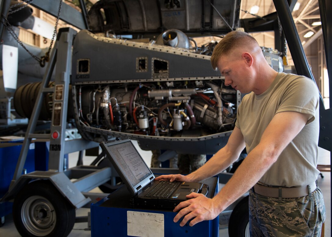 Airman 1st Class Alexander Girardot, 361st Training Squadron aerospace propulsion apprentice course graduate, poses for a picture at Sheppard Air Force Base, Texas, July 18, 2019. Girardot received the ACE award after passing all nine blocks of instruction with perfect scores. (U.S. Air Force photo by Airman 1st Class Pedro Tenorio)