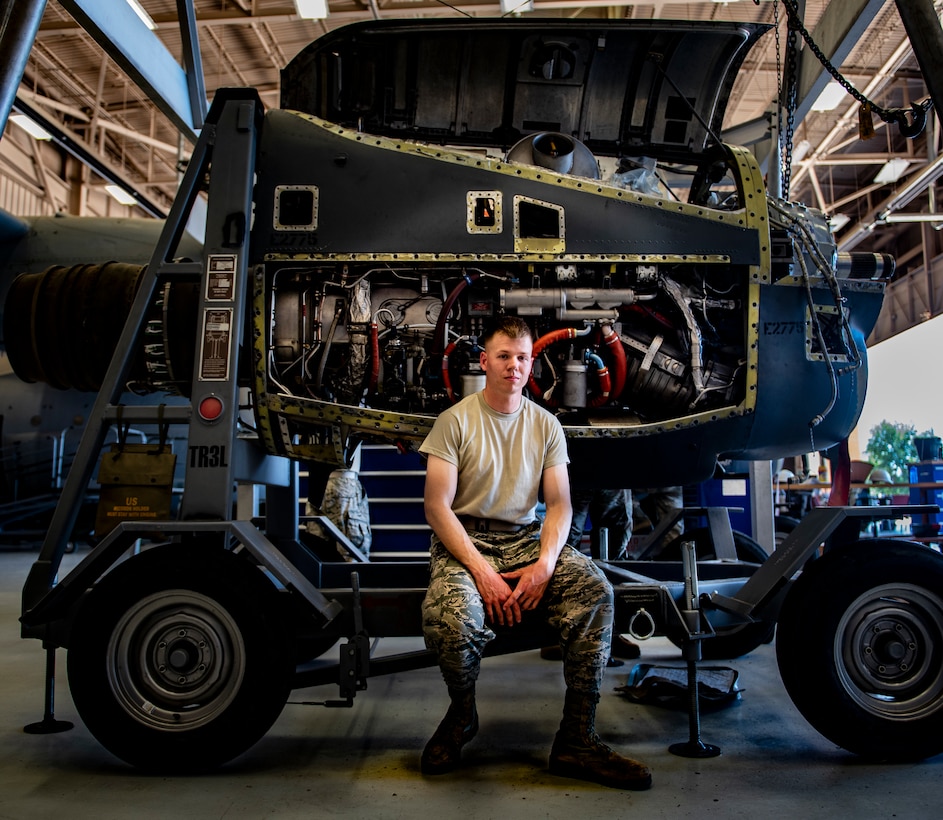 Airman 1st Class Alexander Girardot, 361st Training Squadron aerospace propulsion apprentice course graduate, poses for a picture at Sheppard Air Force Base, Texas, July 18, 2019. Girardot received the ACE award after passing all nine blocks of instruction with perfect scores. (U.S. Air Force photo by Airman 1st Class Pedro Tenorio)