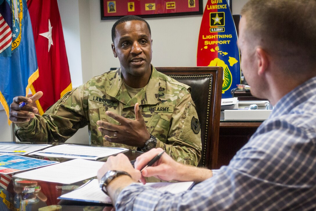 Army Brig. Gen. Gavin Lawrence, DLA Troop Support Commander, talks about a wide variety of topics including his leadership philosophy, workforce expectations and local sports during a Q&A interview at DLA Troop Support July 18, 2019 in Philadelphia.
