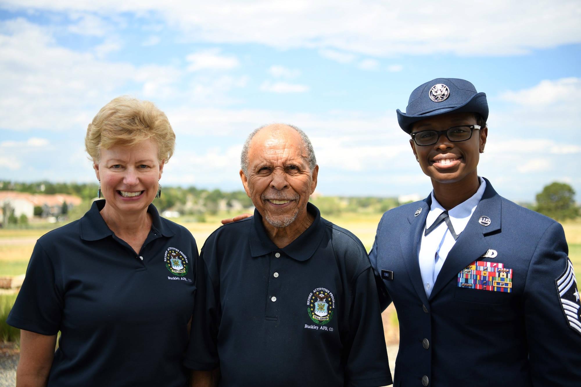 Chief Master Sergeant Tamar Dennis, 460th Space Wing command chief, meets with volunteers from the Retiree Activities Office July 27, 2019, on Buckley Air Force Base, Colo.  The RAO hosted Retiree Appreciation Day, giving attendees free food and educating retirees on the free resources available for all their needs and benefits. (U.S. Air Force photo by Airman 1st Class Michael D. Mathews)