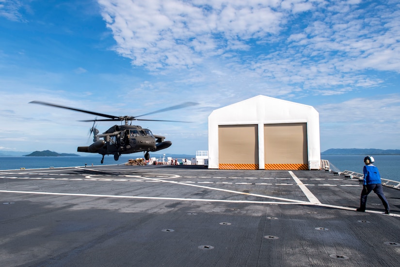 A UH-60 Blackhawk assigned to the 1st Battalion 228th Aviation Regiment completes a bounce off the U.S. Naval Ship Comfort during deck landing qualifications July 26, 2019, off the coast of Punta Arenas Costa Rica. U.S. Army Helicopter pilots and crew members of Joint Task Force –Bravo completed qualifications July 18-26 to support an upcoming mission, off the coast of Punta Arenas, Costa Rica.
