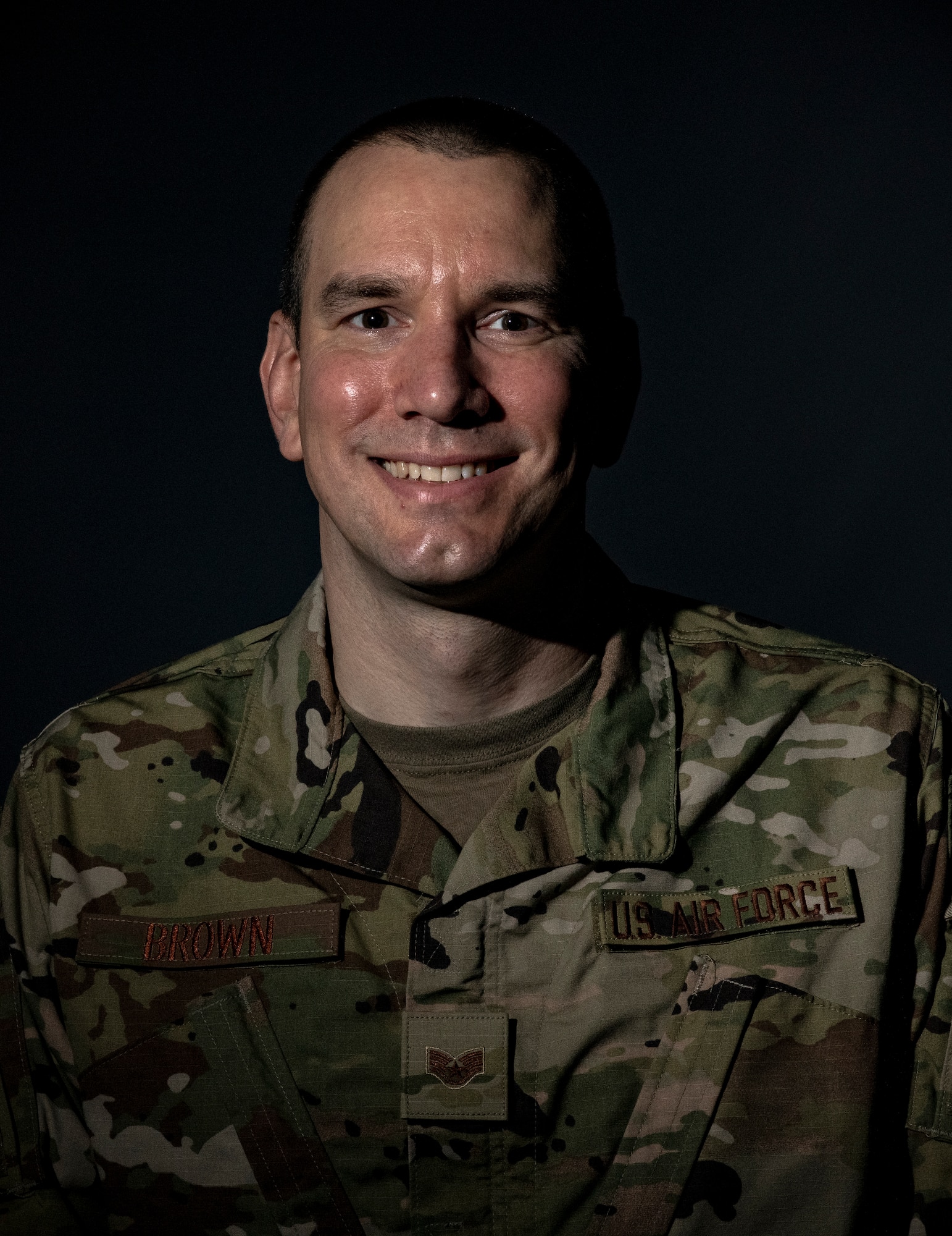 U.S. Air Force Staff Sgt. Darren Brown, 20th Force Support Squadron Chief Master Sgt. Emerson E. Williams Dining Facility shift leader, stands for a photo at Shaw Air Force Base, South Carolina, July 17, 2019.