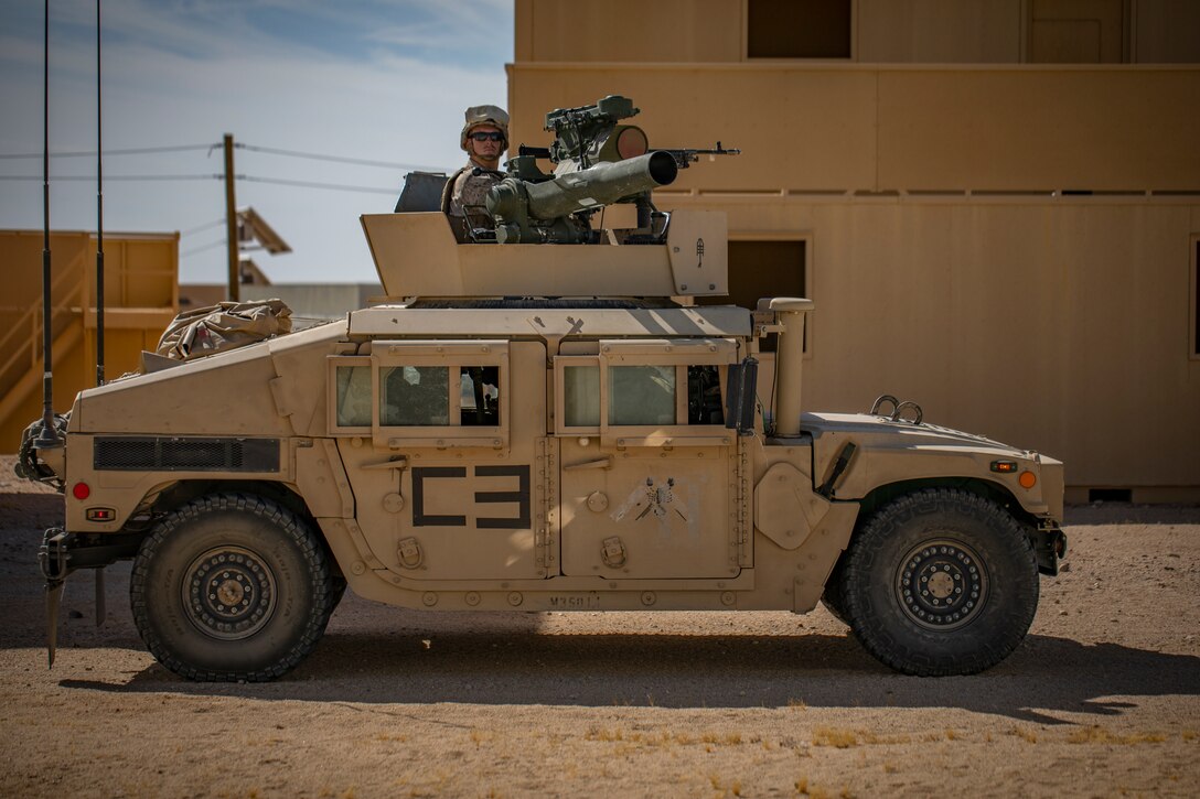 U.S. Marines with 1st Battalion, 25th Marine Regiment, 4th Marine Division, use a Humvee to patrol at Marine Corps Air Ground Combat Center Twentynine Palms, Calif., July 30, 2019, during Integrated Training Exercise 5-19. ITX 5-19 is an essential component of the Marine Forces Reserve training and readiness cycle. It serves as the principle exercise for assessing a unit’s capabilities. (U.S. Marine Corps photo by Sgt. Andy O. Martinez)
