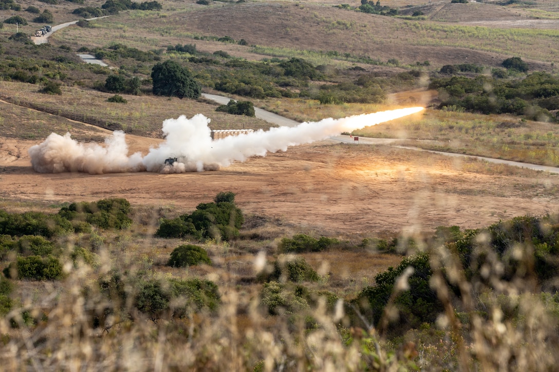U.S. Marines with Sierra Battery, 5th Battalion, 11th Marine Regiment, 1st Marine Division, fire an M142 High Mobility Artillery Rocket System during Summer Fire Exercise 19 at Marine Corps Base Camp Pendleton, California, July 23, 2019. The Marines are conducting Summer FIREX, a live-fire regimental-level exercise, from July 22 to Aug. 1. The exercise is designed to bring the entire regiment together and maximize the training areas available on Camp Pendleton to enhance their ability to conduct real-world operations.