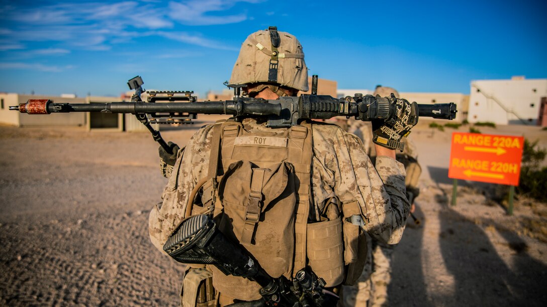 A U.S. Marine with 1st Battalion, 25th Marine Regiment, 4th Marine Division, hikes to Range 220 during Integrated Training Exercise 5-19 at Marine Corps Air Ground Combat Center Twentynine Palms, Calif., July 30, 2019. ITX 5-19 is an essential component of the Marine Forces Reserve training and readiness cycle. It serves as the principle exercise for assessing a unit’s capabilities. (U.S. Marine Corps photo by Lance Cpl. Jose Gonzalez)