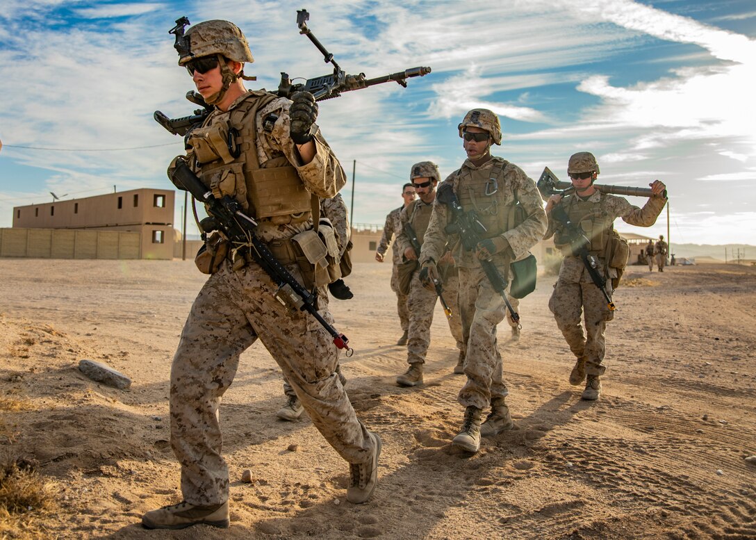 U.S. Marines with 1st Battalion, 25th Marine Regiment, 4th Marine Division, hike to Range 220 during Integrated Training Exercise 5-19 at Marine Corps Air Ground Combat Center Twentynine Palms, Calif., July 30, 2019. ITX 5-19 is an essential component of the Marine Forces Reserve training and readiness cycle. It serves as the principle exercise for assessing a unit’s capabilities. (U.S. Marine Corps photo by Lance Cpl. Jose Gonzalez)