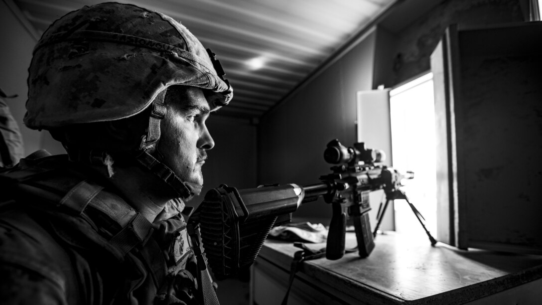 U.S. Marine Corps Lance Cpl. Tristan A. Castonguay, an infantry rifleman with 1st Battalion, 25th Marine Regiment, 4th Marine Division, scouts for simulated hostiles during Integrated Training Exercise 5-19 at Marine Corps Air Ground Combat Center Twentynine Palms, Calif., July 30, 2019. ITX 5-19 is an essential component of the Marine Forces Reserve training and readiness cycle. It serves as the principle exercise for assessing a unit’s capabilities. (U.S. Marine Corps photo by Lance Cpl. Jose Gonzalez)