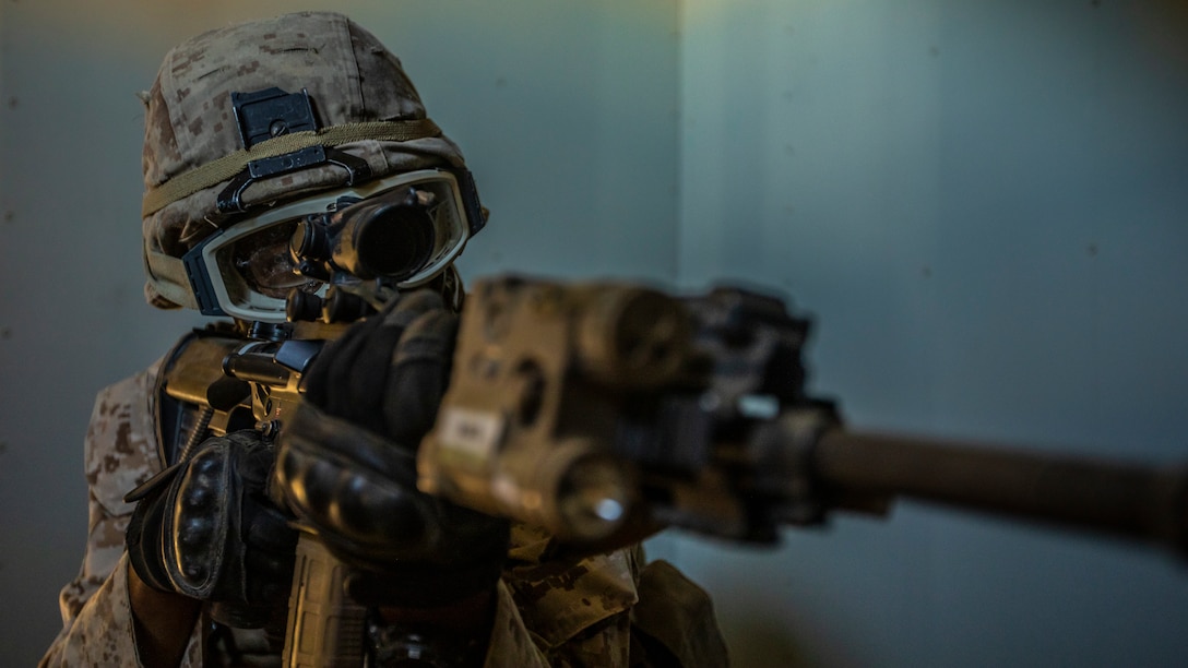 U.S. Marine Corps Lance Cpl. Khephren M. Oneal, an infantry rifleman with 1st Battalion, 25th Marine Regiment, 4th Marine Division, posts security during Integrated Training Exercise 5-19 at Marine Corps Air Ground Combat Center Twentynine Palms, Calif., July 30, 2019. ITX 5-19 is an essential component of the Marine Forces Reserve training and readiness cycle. It serves as the principle exercise for assessing a unit’s capabilities. (U.S. Marine Corps photo by Lance Cpl. Jose Gonzalez)