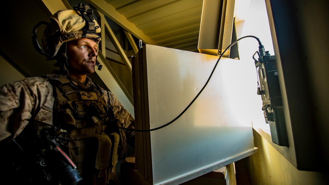 U.S. Marine Corps Lance Cpl. Dexter F. Sibley, an infantry radio operator with 1st Battalion, 25th Marine Regiment, 4th Marine Division, calls for a radio check during Integrated Training Exercise 5-19 at Marine Corps Air Ground Combat Center Twentynine Palms, Calif., July 30, 2019. ITX 5-19 is an essential component of the Marine Forces Reserve training and readiness cycle. It serves as the principle exercise for assessing a unit’s capabilities. (U.S. Marine Corps photo by Lance Cpl. Jose Gonzalez)
