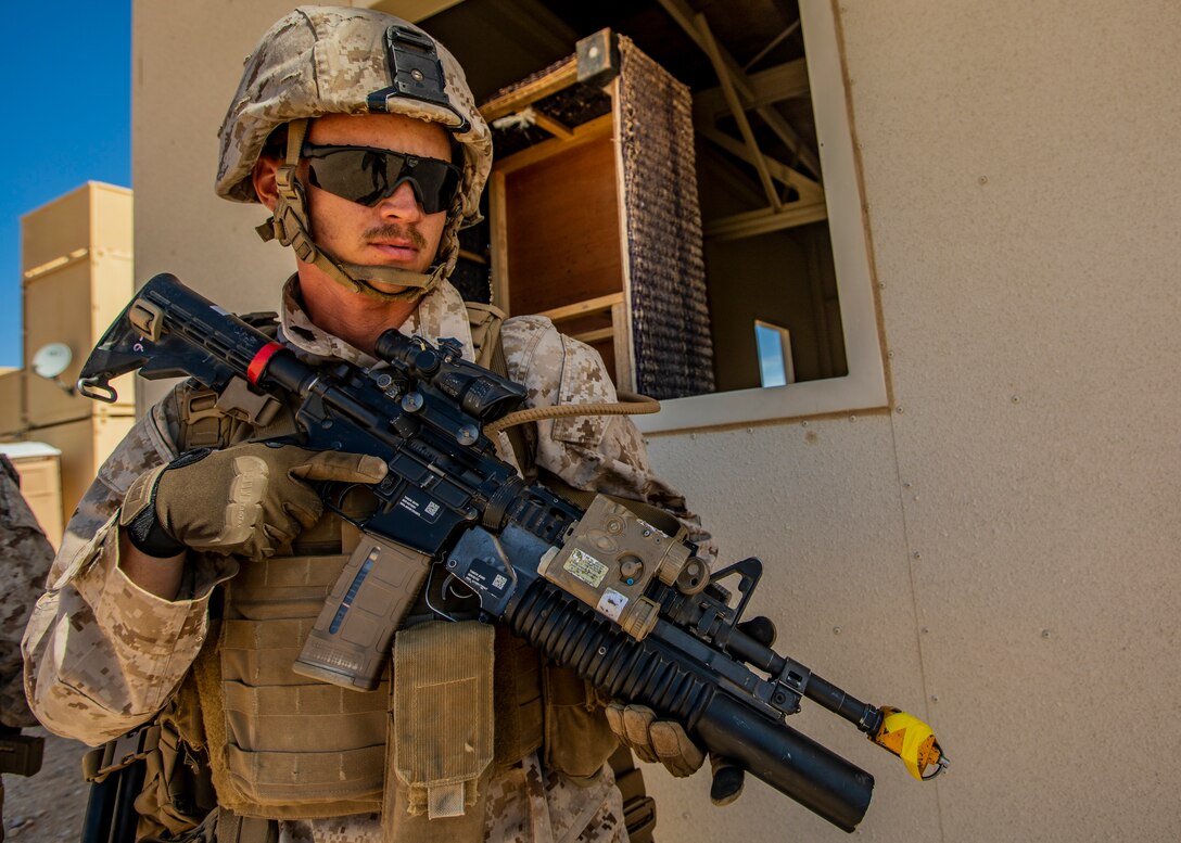 A U.S. Marine with 1st Battalion, 25th Marine Regiment, 4th Marine Division, posts security during Integrated Training Exercise 5-19 at Marine Corps Air Ground Combat Center Twentynine Palms, Calif., July 30, 2019. ITX 5-19 is an essential component of the Marine Forces Reserve training and readiness cycle. It serves as the principle exercise for assessing a unit’s capabilities. (U.S. Marine Corps photo by Lance Cpl. Jose Gonzalez)