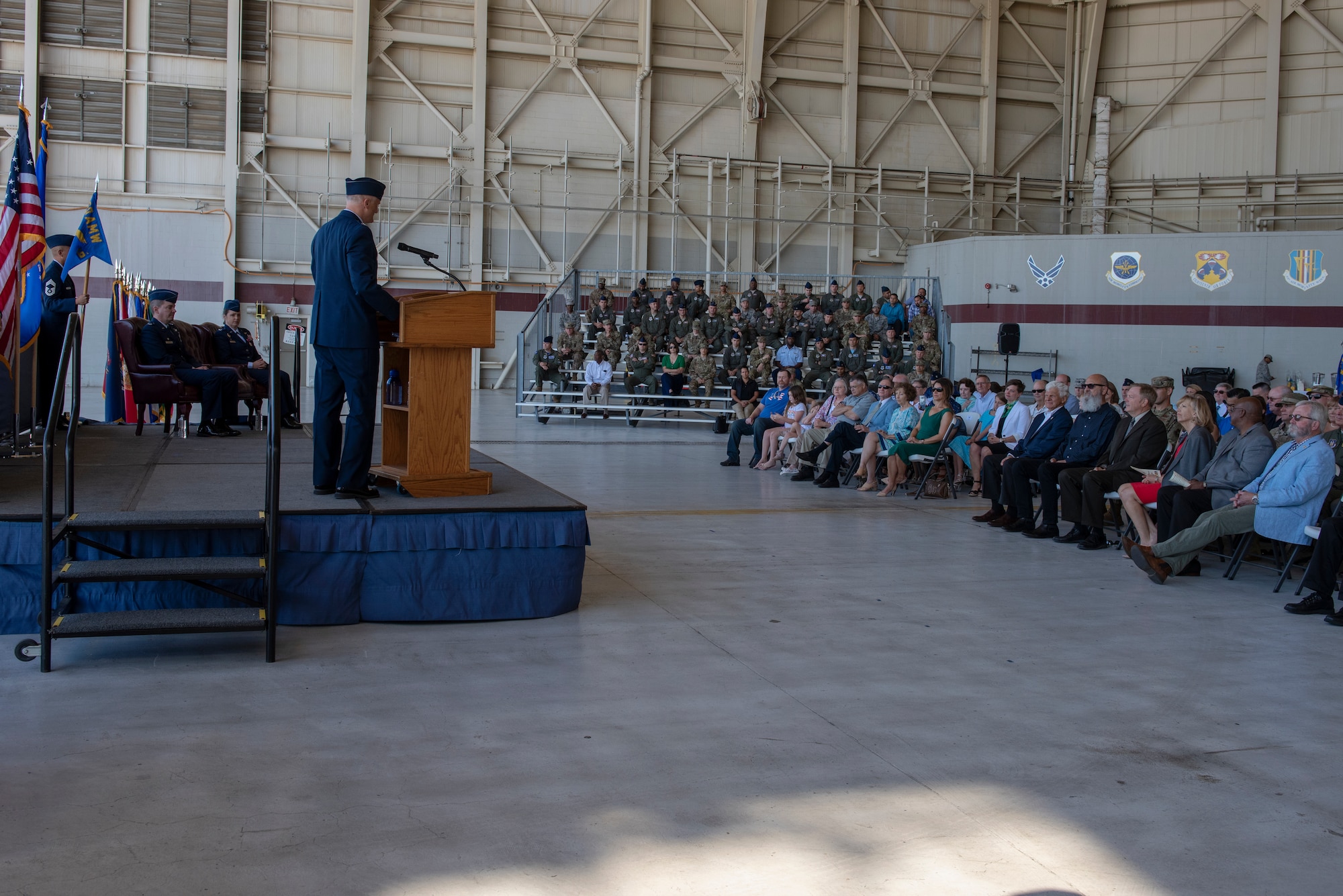 U.S. Air Force Col. Gregg Johnson, 60th Operations Group commander, delivers his first speech as commander July 26, 2019, at Travis Air Force Base, California. Col. Theresa Weems, outgoing 60th OG commander, transferred command to Johnson during a change of command ceremony. (U.S. Air Force photo by Tech. Sgt. James Hodgman)