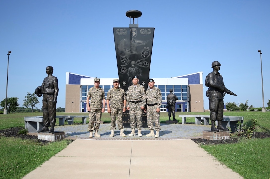 Senior leaders of the Kazakhstan Ground Forces pose in front of the 101st Airborne Division (Air Assault) headquarters Fort Campbell, Ky., 25 July.

The purpose of their visit was to observe and discuss best practices regarding the nature of command relationships, the roles and responsibilities of officers and senior noncommissioned officers on the brigade and battalion staff, the employment and sustainment of light infantry units in support of multinational operations with an anticipation of improving operations of their ground forces in Kazakhstan.
