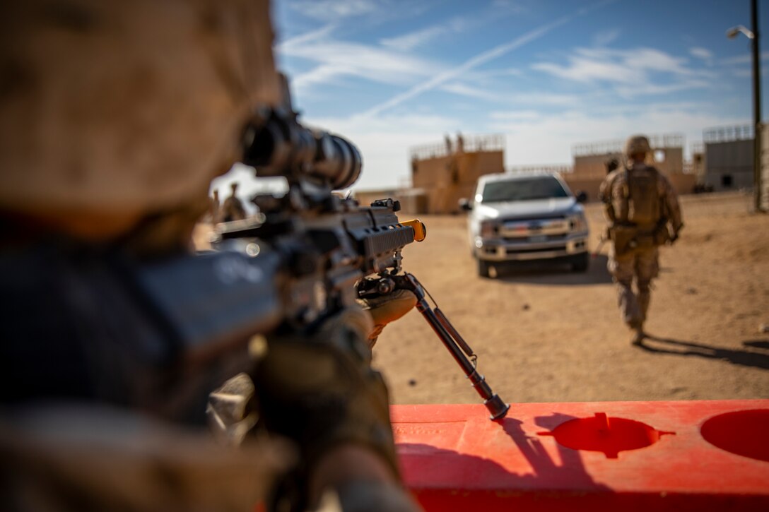 A U.S. Marine with 1st Battalion, 25th Marine Regiment, 4th Marine Division, posts security for a vehicle checkpoint at Marine Corps Air Ground Combat Center Twentynine Palms, Calif., July 30, 2019, during Integrated Training Exercise 5-19. ITX 5-19 is an essential component of the Marine Forces Reserve training and readiness cycle. It serves as the principle exercise for assessing a unit’s capabilities. (U.S. Marine Corps photo by Sgt. Andy O. Martinez)