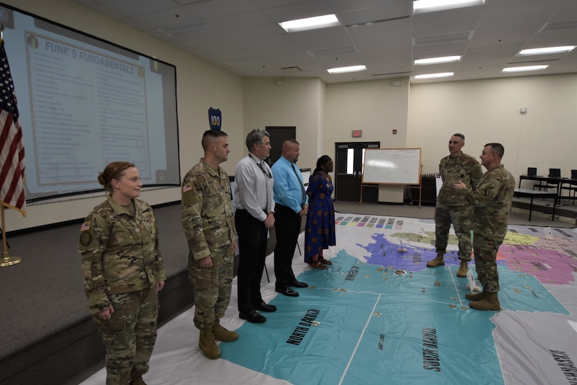 Four military and 3 civilians, in briefing room.