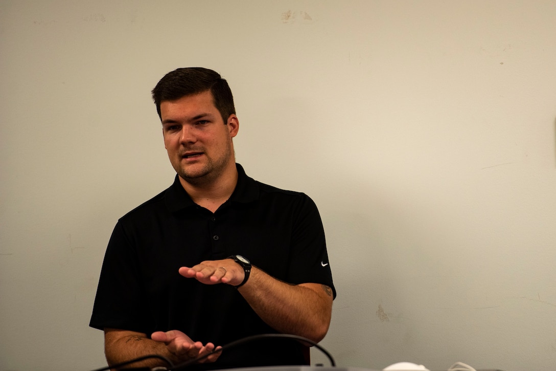Staff Sgt. Mason Meherg, 23d Wing NCO in charge of occupational safety inspections and training, teaches during an OSHA training course, July 31, 2019, at Moody Air Force Base, Ga. The training is part of OSHA’s outreach training program, and covered an overview of the hazards a worker may encounter on a job site. The training emphasized hazard identification, avoidance, control and prevention. (U.S. Air Force photo by Senior Airman Erick Requadt)