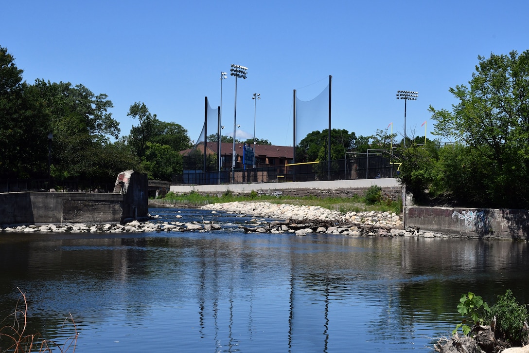 A view July 31, 2019 of where the North Branch Dam in River Park once stood. The four-foot high concrete dam at the convergence of the North Branch of the Chicago River and the North Shore Channel on Chicago’s north side was a barrier to healthy ecosystems and was removed by the U.S. Army Corps of Engineers Chicago District in 2018. (U.S. Army photo by Mariah Oliveras/Released)